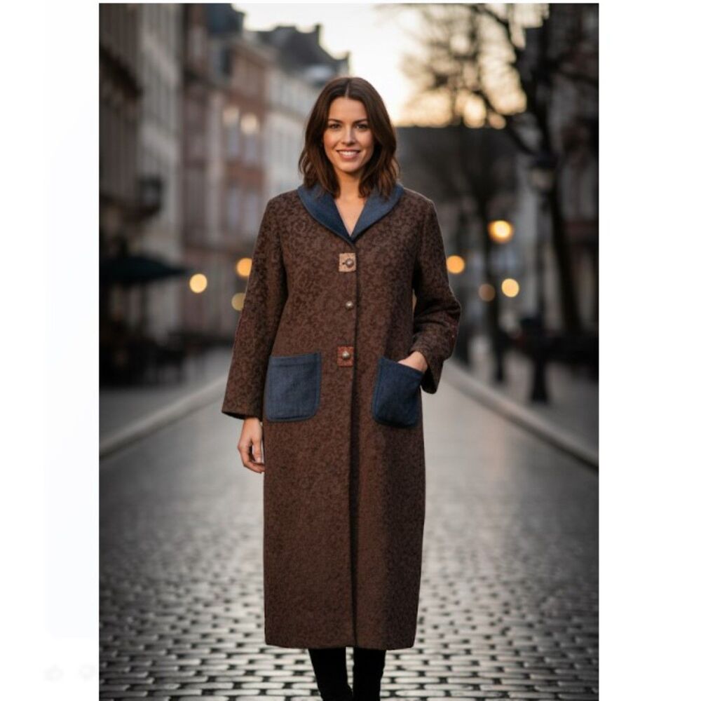 Dot & Vera Coat Vintage 60s Boho Brown Floral Full Length Elbow Patches Size L